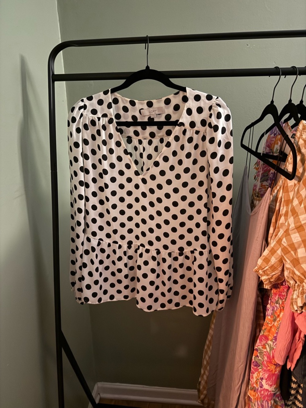LOFT White & Black Polka Dot Peplum Top